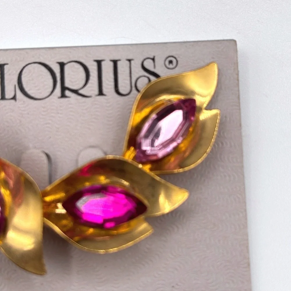Glorius Vtg 60s Gold Tone Pink Marquis Rhinestone‎ Leaf Brooch Costume Jewelry